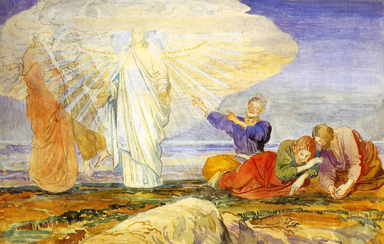 Jesus med Peter, Johannes og Jakob på fjellet, malt av Alexander Andreyevich Ivanov i 1824. Foto: Wikipedia.org